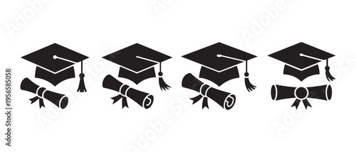 Graduation Cap and Diploma Icons Set. in Silhouette Style, Black and White Symbols of Academic Achievement and Education.