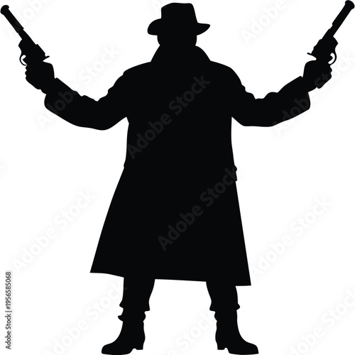 Silhouette shows cowboy figure in long coat holding revolvers with arms outstretched for shootout