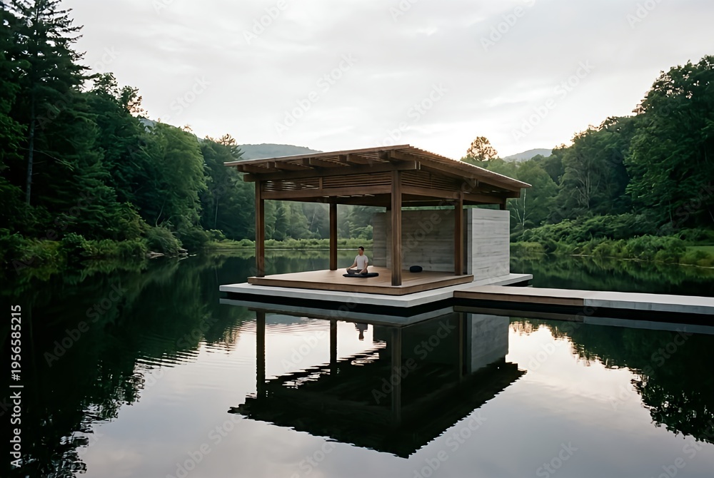 Obraz premium Zen meditation pavilion on reflecting pool