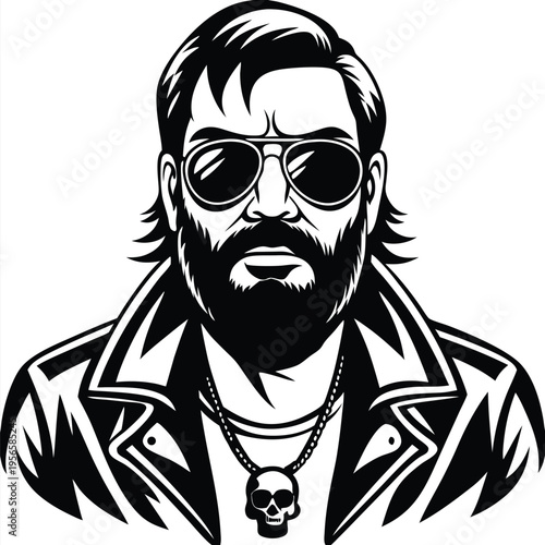 Stern bearded biker with sunglasses and skull necklace sports a leather jacket