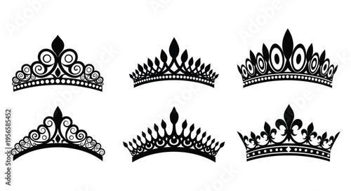 A collection of six ornate black crowns displayed against a white backdrop showcasing regal design silhouette high quality professional detailed