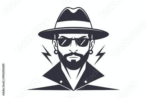 Stylish bearded man wearing a fedora and shades with lightning bolts flanking him