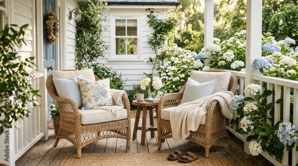 Fototapeta premium Cozy wicker chairs on a sunlit porch surrounded by blooming hydrangeas