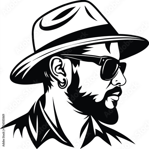 Stylish bearded man wears hat and sunglasses, showcasing modern black and white fashion