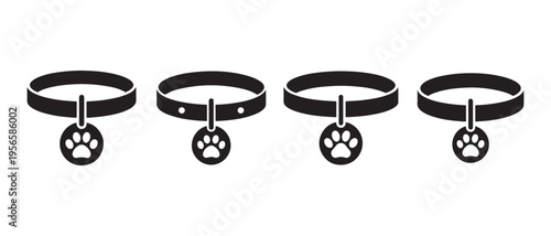 Set of black pet collars with paw print tags against a white background, top view.