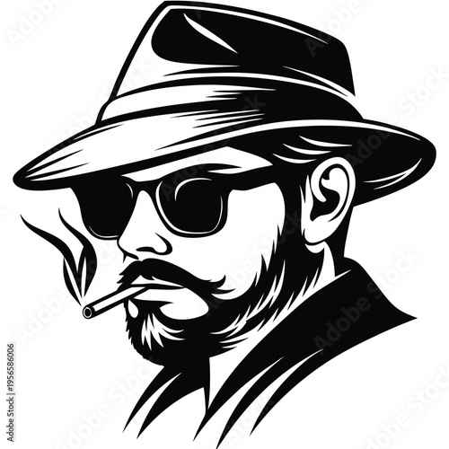 Stylish bearded man with hat and sunglasses smokes, captured in black and white