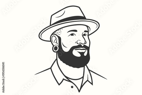 Stylish Black Man With Beard Wearing Fedora Line Art Is Displayed