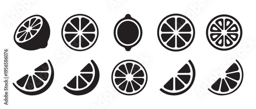Citrus Fruit Icons Set. Lemon and Lime Halves, Slices, and Whole Shapes.