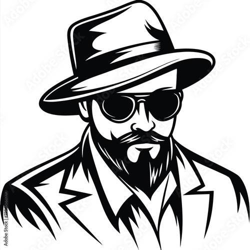 Stylish gentleman with a fedora, beard, and sunglasses poses confidently in black and white