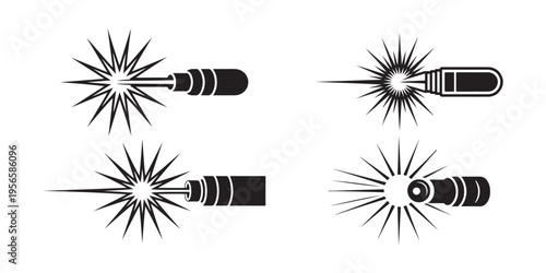Set of stylized laser beams and pointers emitting light bursts, isolated on white background.