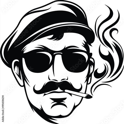 Stylish man in sunglasses smokes a cigarette, wearing hat, presented in a monochrome vector