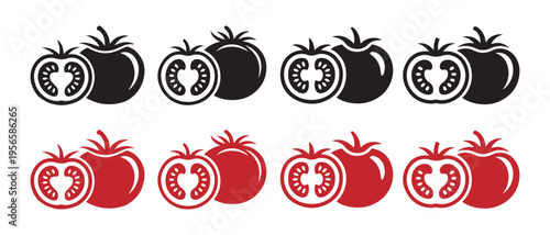 Set of Tomato Icons. Whole and Halved, Black and Red Silhouettes on White Background.