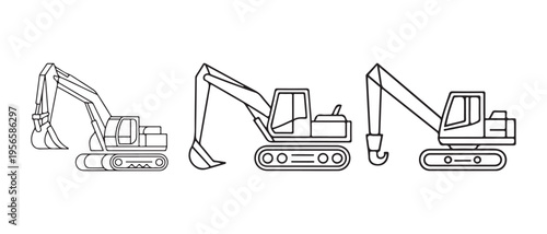 Three Line Art Excavator Illustrations. Heavy Construction Equipment, Digger, and Crane with Hook on White Background.