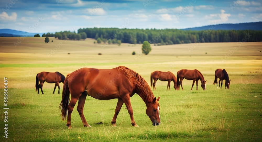 Obraz premium Horses grazing in a serene meadow landscape