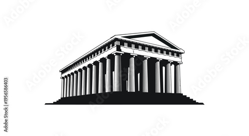 A striking black and white illustration of a classical temple facade featuring a bold silhouette high quality professional detailed modern elegant