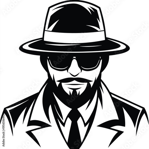 Stylish man with a hat and beard wearing sunglasses and suit depicted in black