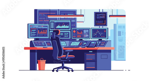 A brightly colored control room with multiple monitors and a seated figure depicted as a silhouette high quality professional detailed modern