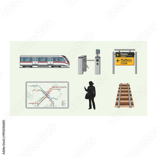 Modern Public Transport Icons: Train, Map, Station, Passenger