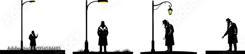 Collection of detective silhouettes in various poses under street lamps on a transparent background