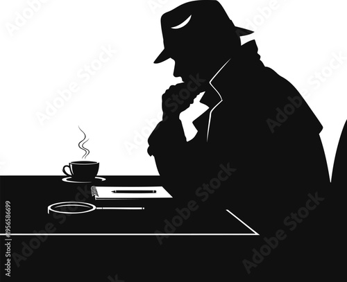 Silhouette of a pensive detective in a hat and coat at a desk with a magnifying glass, coffee, and pen on a transparent background