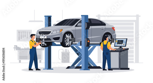 Automotive mechanics are inspecting and adjusting a silver car on a lift in a garage silhouette high quality professional detailed modern