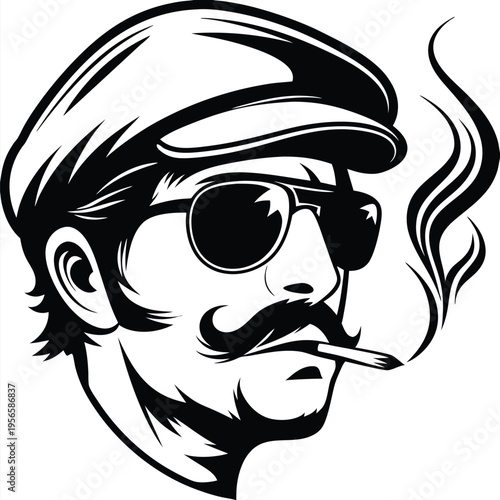 Stylish man with mustache wears sunglasses and a cap while smoking cigarette