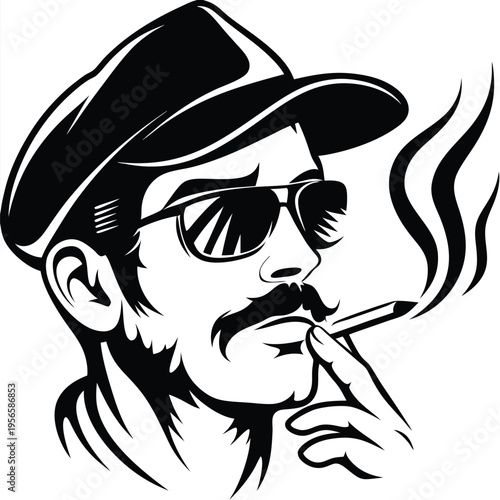 Stylish man with sunglasses and cap smokes a cigarette in black and white