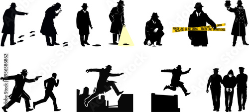 Detective investigation and crime scene police silhouette collection