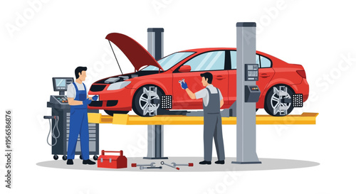 An automotive repair shop scene depicts mechanics working on a red car lifted on a hydraulic lift silhouette high quality professional