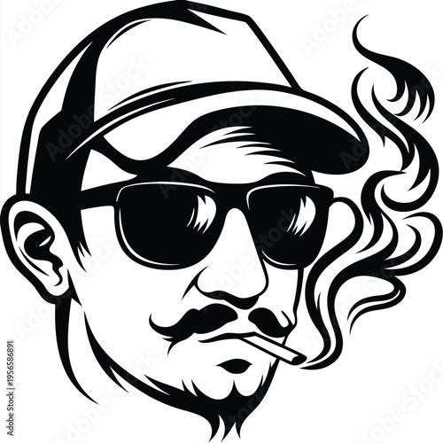 Stylish man with sunglasses and hat smokes, creating swirling smoke patterns around him