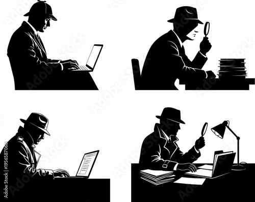 Set of detective silhouettes working on laptops, reading, and investigating with magnifying glasses and documents on a transparent background