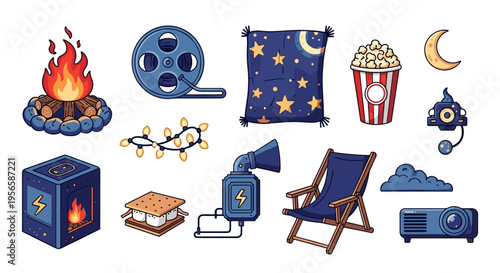 Cozy outdoor movie night elements with campfire, projector, and snacks