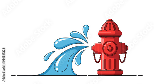 Red fire hydrant spraying water in a cartoon style illustration