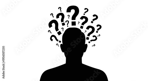 Silhouette of a person with many question marks surrounding their head, symbolizing confusion