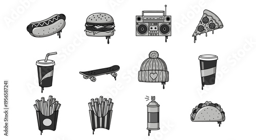 Graffiti-style icons of fast food, clothing, and music with dripping effect