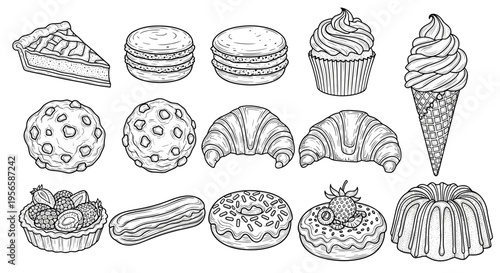 Collection of delicious baked goods and desserts in a charming hand-drawn sketch style