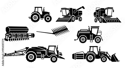 Collection of agricultural machinery icons including tractors, harvesters, and sprayers