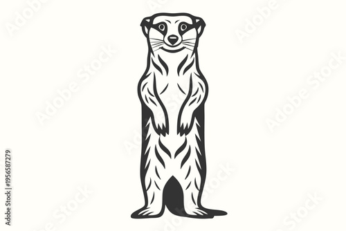 The outlined meerkat standing upright displays its distinctive monochrome coat with a curious yet comical expression