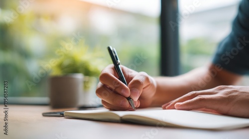 Writing in a Notebook at a Clean Desk