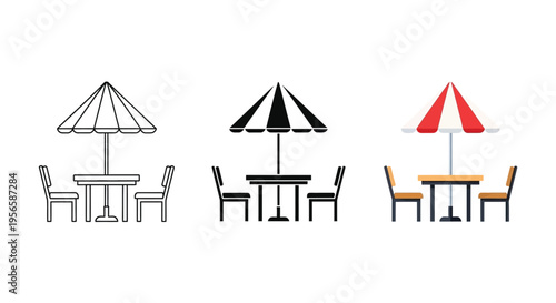 Outdoor dining set variations line art shaded and color illustration