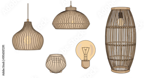 Collection of natural woven lampshades and a light bulb in a minimalist illustration style