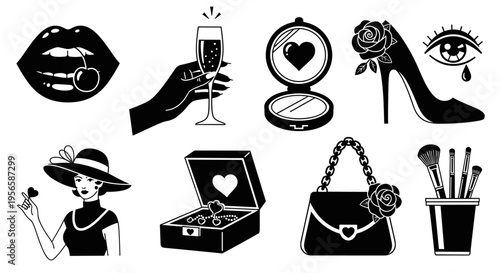 Elegant collection of feminine icons representing beauty, luxury, and style