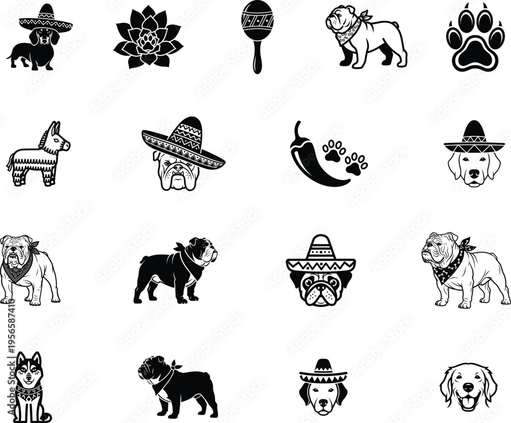 Obraz premium Black and white dog icons with sombreros and mexican symbols