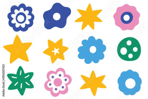Various simple star and flower shapes appear in a bright, cheerful color palette