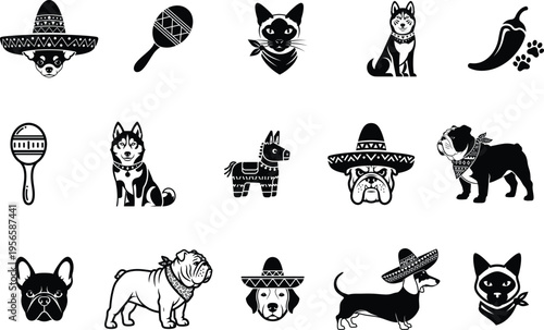 black and white mexican themed animal and object illustrations