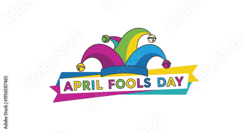A colorful jester hat illustration with an april fools day ribbon