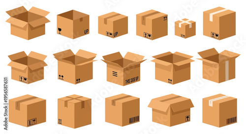 Collection of various brown cardboard boxes in different orientations