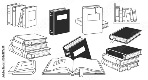 A collection of illustrated books in various orientations and stacks