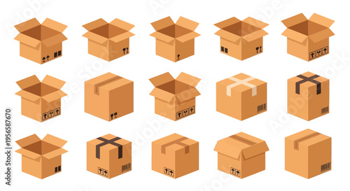 Collection of open and closed cardboard boxes in various arrangements