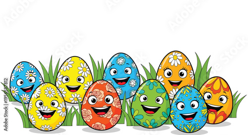 Colorful smiling easter eggs nestled amongst bright green blades of grass